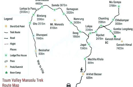 Manaslu and Tsum Valley Trek route Map