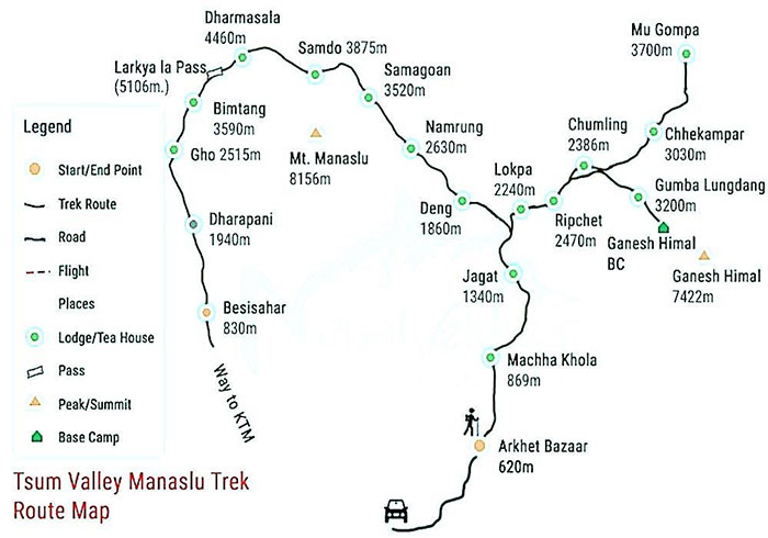 Manaslu & Tsum Valley Trek – 20 days Map