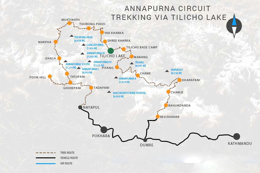 Tilicho Lake with Annapurna Circuit Trek 17 days Map