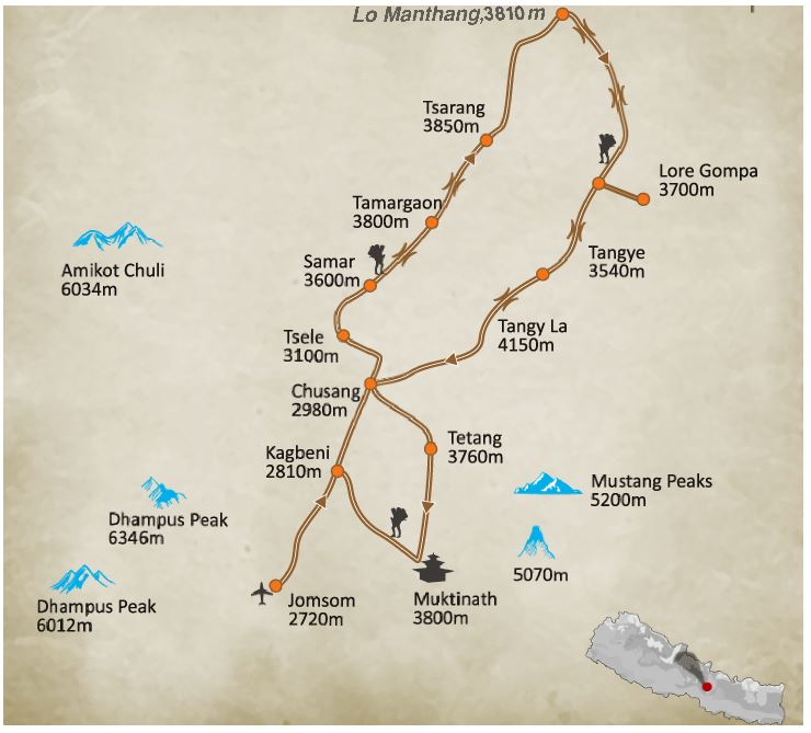 Upper Mustang Trek – 16 days Map