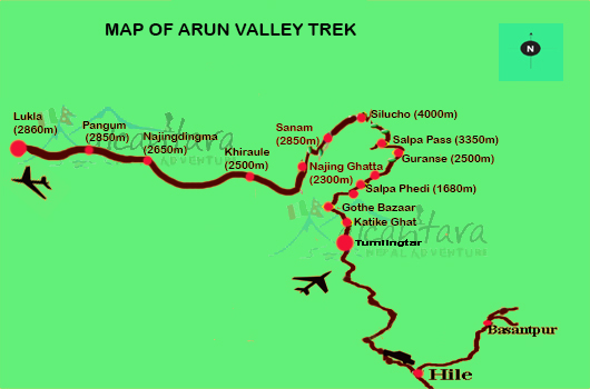 Arun Valley Trek – 16 days Map