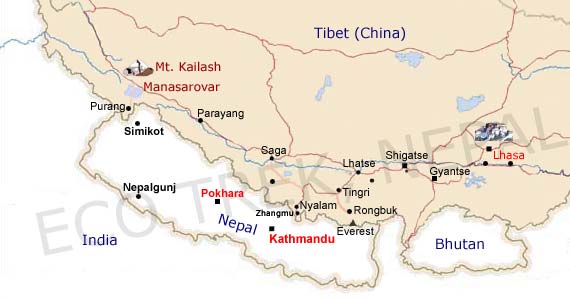 Kailash, Everest B. C. Lhasa Tour – 12 days Map