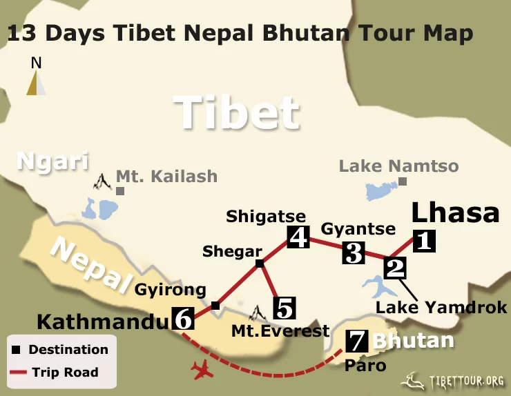 Nepal, Bhutan and Tibet Everest Base Camp Tour – 17 days Map