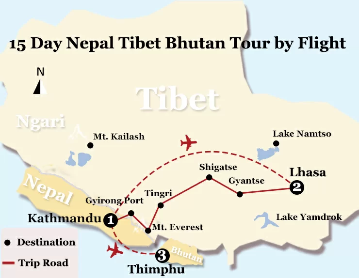 Nepal, Bhutan and Tibet Cultural Tour – 18 days Map