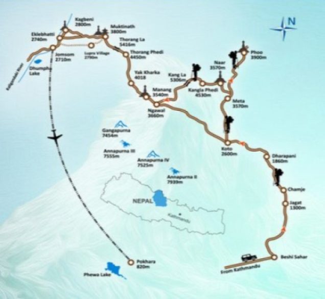 Nar Phu Valley with Annapurna Circuit Trek – 20 days Map